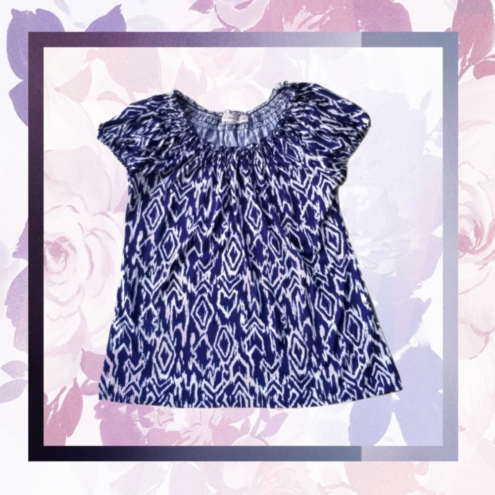 Navy Blue and white patterned blouse